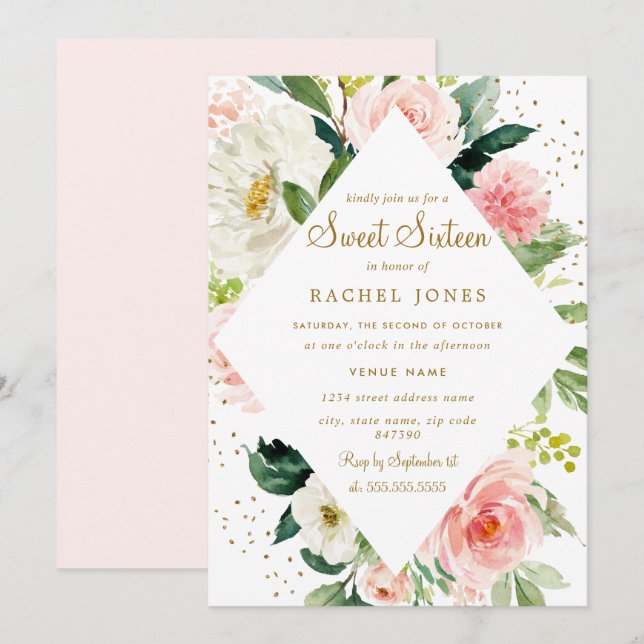 Invitación Floral Geométrica Rosa Rubor Gold Sweet Dieciséis (Anverso / Reverso)
