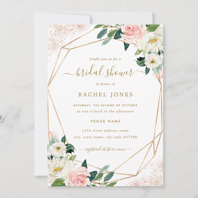 Invitación Floral Geométrica Rubor Gold Bridal Shower (Anverso)