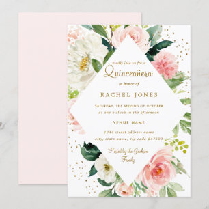 Invitación Floral Geométrico Rosa Rubor Oro Quinceañera