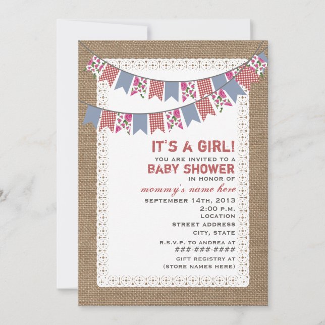Invitación Floral & Gingham Bunting Burlap Chica inspirado (Anverso)