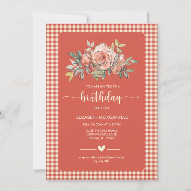 Invitación Floral Gingham Plaid Happy Birthday Fiesta (Anverso)
