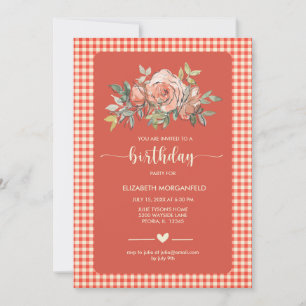 Invitación Floral Gingham Plaid Happy Birthday Fiesta