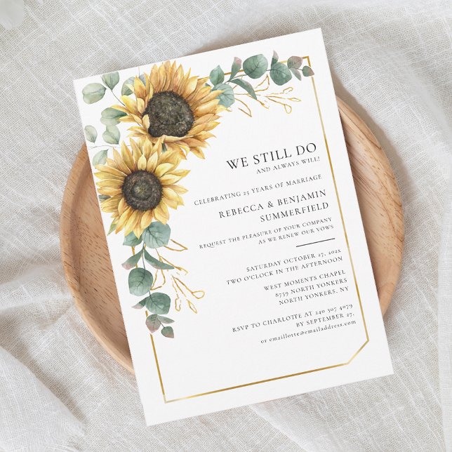 Invitación Floral Girasol Eucalyptus Boda Vow Renovación (Floral Watercolor Sunflower Botanical Wedding Anniversary Invitation)