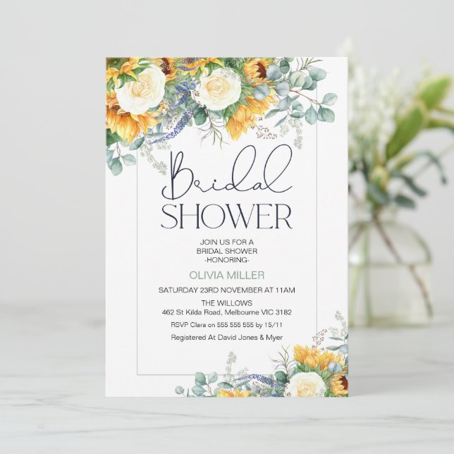 Invitación Floral girasol Eucalyptus Bridal Shower (Anverso de pie)