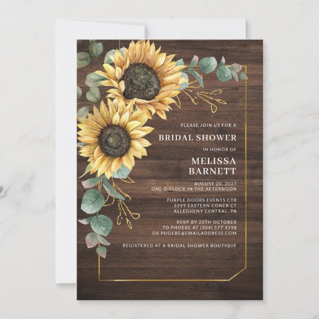 Invitación Floral Girasol Eucalyptus Rústica Ducha Bridal (Anverso)