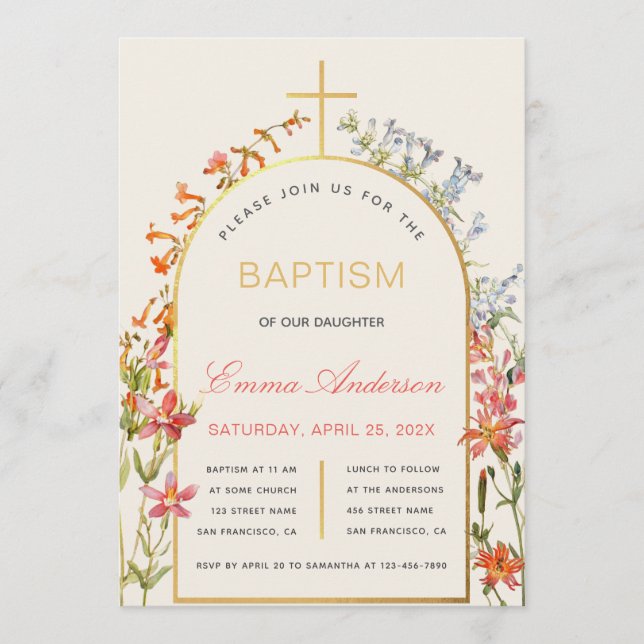 Invitación Floral Girl Baptism Gold Cross Arch & Wildflowers (Anverso)