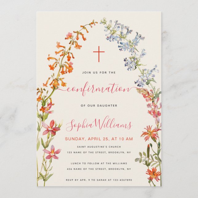 Invitación Floral Girl Confirmation Wildflowers Watercolor  (Anverso)