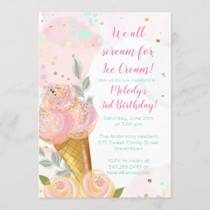 Invitación Floral Girly Ice Cream Watercolor Fiesta de cumple