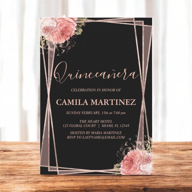 Invitación Floral Girly Rosa Oro Negro Quinceanera Fiesta (Subido por el creador)
