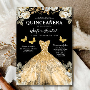 Invitación Floral Gold Bilingüe Español Quinceanera