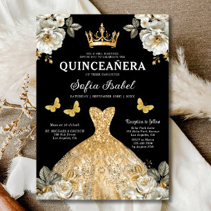 Invitación Floral Gold Bilingüe Español Quinceanera