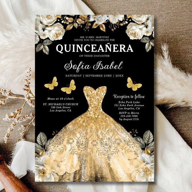 Invitación Floral Gold Black Butterfly Princess Quinceanera (Subido por el creador)