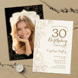 Invitación Floral Gold Black Photo 30th Birthday Fiesta<br><div class="desc">Floral Black Gold Foto Invitación a la fiesta de cumpleaños número 30. Diseño moderno minimalista con acentos de dibujos botánicos y tipo de letra de guión tipográfico. Sencilla carta de invitación a la moda, perfecta para una elegante celebración de cumpleaños femenina. Se puede personalizar a cualquier edad. Invitaciones Zazzle impresas...</div>