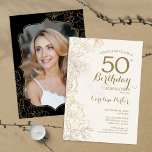 Invitación Floral Gold Black Photo 50th Birthday Party<br><div class="desc">Floral Black Gold Photo 50th Birthday Party Invitation. Diseño moderno minimalista con acentos de dibujos botánicos y tipo de letra de guión tipográfico. Sencilla carta de invitación a la moda, perfecta para una elegante celebración de cumpleaños femenina. Se puede personalizar a cualquier edad. Invitaciones Zazzle impresas o una plantilla imprimible...</div>