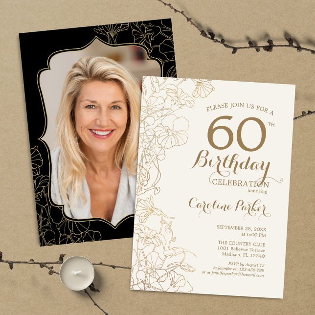 Invitación Floral Gold Black Photo 60th Birthday Party (Subido por el creador)