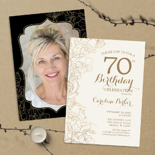 Invitación Floral Gold Black Photo 70th Birthday Party