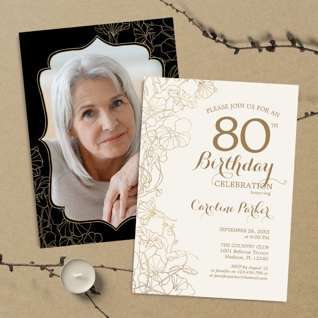 Invitación Floral Gold Black Photo 80th Birthday Party (Subido por el creador)