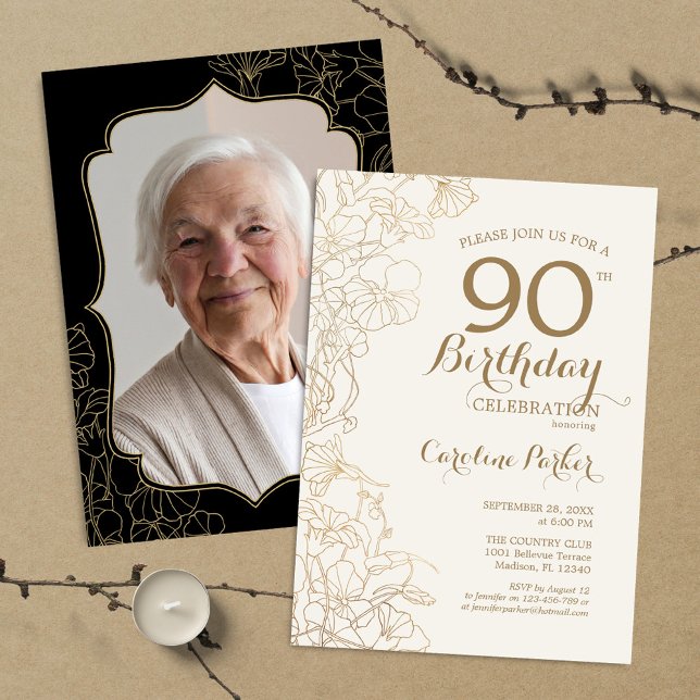 Invitación Floral Gold Black Photo 90th Birthday Party (Subido por el creador)