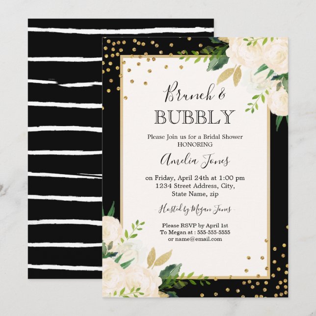 Invitación Floral Gold Black Stripes Brunch Y Bubbly Shower (Anverso / Reverso)