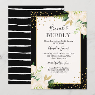 Invitación Floral Gold Black Stripes Brunch Y Bubbly Shower