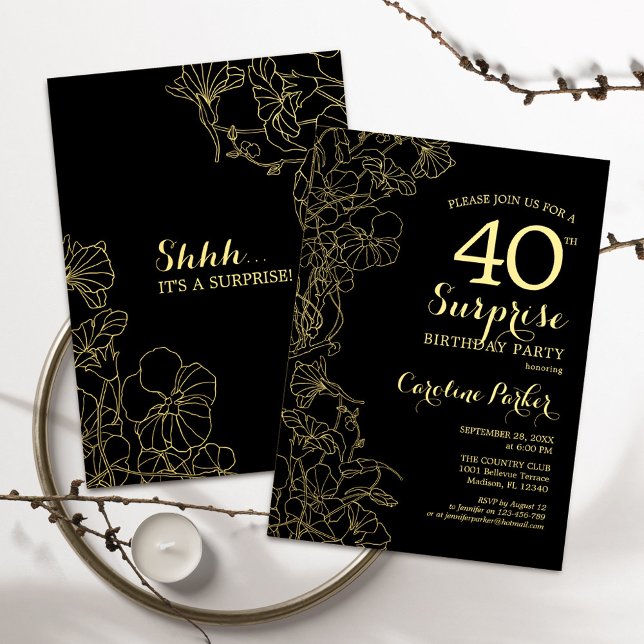 Invitación Floral Gold Black Surprise 40.ª Fiesta de cumpleañ (Subido por el creador)