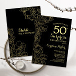 Invitación Floral Gold Black Surprise Fiesta 50 de Cumpleaños<br><div class="desc">Floral Gold Black Surprise 50th Birthday Party Invitation. Diseño moderno minimalista con acentos botánicos y tipo de letra de escritura tipográfica. Sencilla tarjeta de invitación floral perfecta para una elegante celebración de cumpleaños sorpresa femenina. Se puede personalizar a cualquier edad.</div>