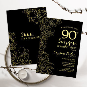 Invitación Floral Gold Black Surprise Fiesta de cumpleaños nú