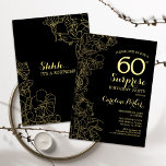 Invitación Floral Gold Black Surprise Fiesta de cumpleaños nú<br><div class="desc">Floral Gold Black Surprise 60th Birthday Party Invitation. Diseño moderno minimalista con acentos botánicos y tipo de letra de escritura tipográfica. Sencilla tarjeta de invitación floral perfecta para una elegante celebración de cumpleaños sorpresa femenina. Se puede personalizar a cualquier edad.</div>