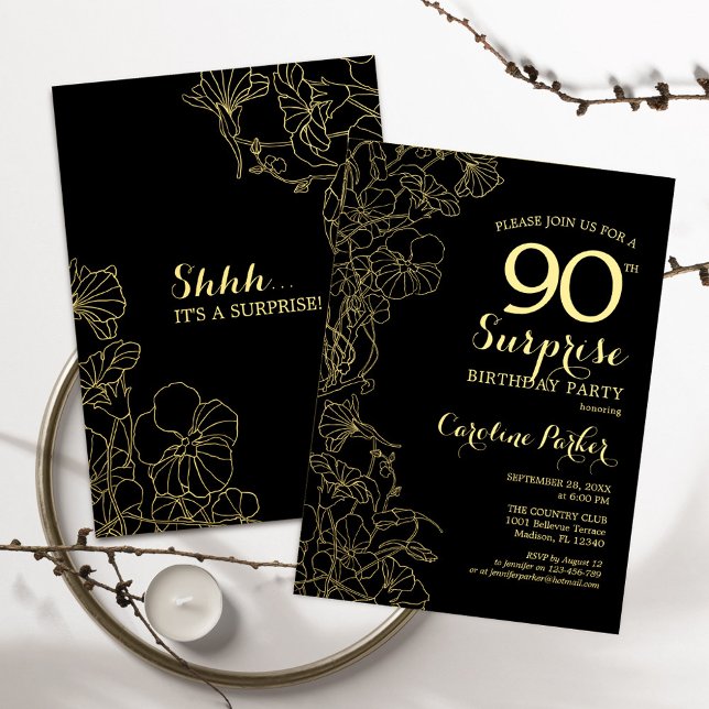 Invitación Floral Gold Black Surprise Fiesta de cumpleaños nú (Subido por el creador)