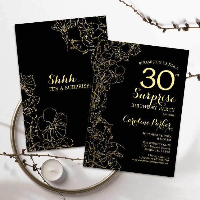 Invitación Floral Gold Black Surprise Fiesta de cumpleaños nú (Subido por el creador)
