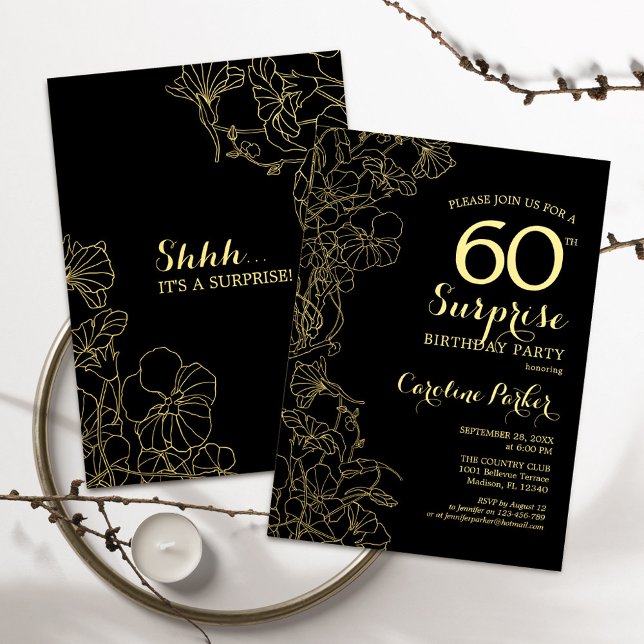 Invitación Floral Gold Black Surprise Fiesta de cumpleaños nú (Subido por el creador)