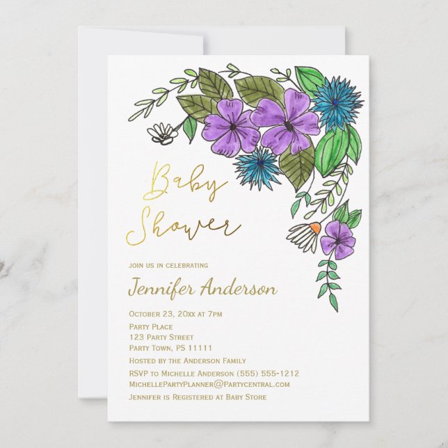 Invitación Floral Gold Blue Purple Watercolor Baby Shower (Anverso)