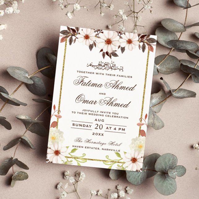 Invitación Floral Gold Border Ivory Boda musulmán Islámico (Subido por el creador)