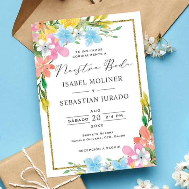 Invitación Floral Gold Border Nuestra Boda Boda Española (Subido por el creador)