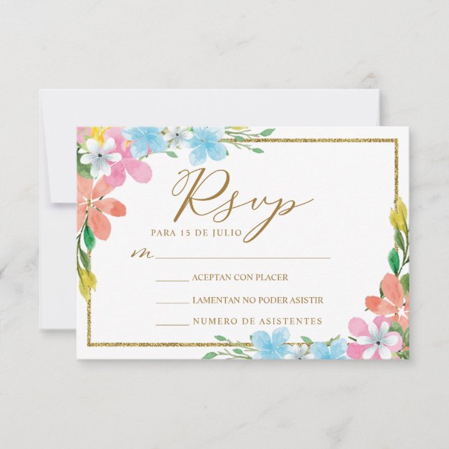 Invitación Floral Gold Border Nuestra Boda Wedding RSVP (Anverso)