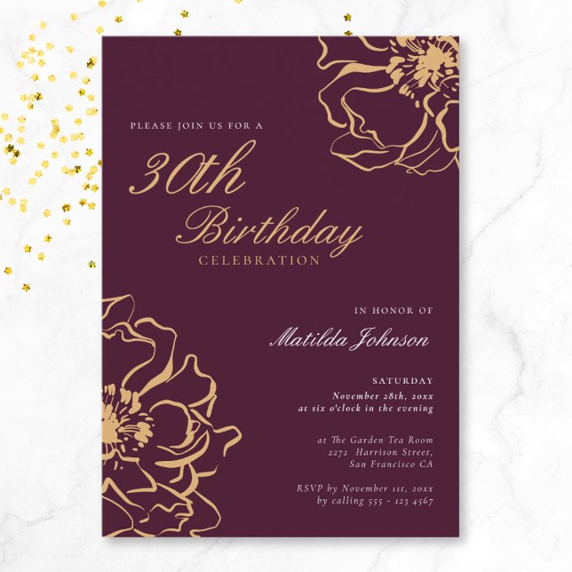 Invitación Floral Gold Burgundy 30 cumpleaños (Floral Gold Burgundy 30th Birthday Invitation)
