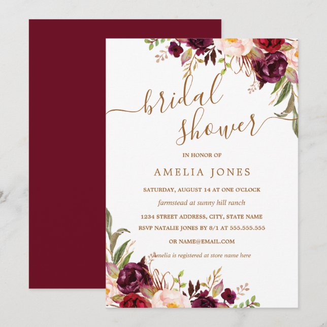 Invitación Floral Gold Burgundy Confetti Bridal Shower (Anverso / Reverso)