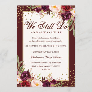 Invitación Floral Gold Burgundy Vow Renovación Aniversario