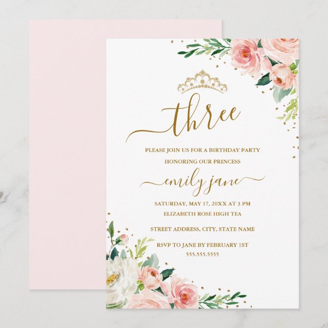 Invitación Floral Gold Chica Rubor Fiesta de cumpleaños 3 (Anverso / Reverso)
