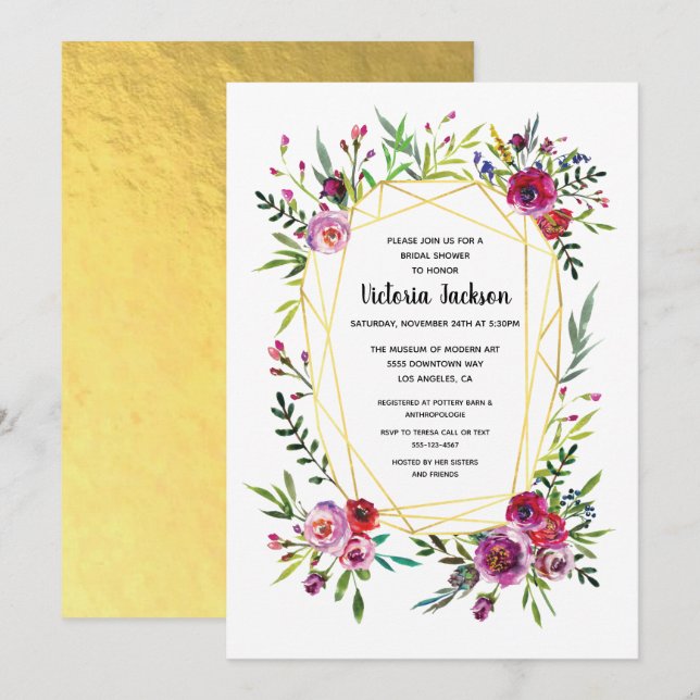 Invitación Floral Gold Geométrico Crystal Bridal Ducha (Anverso / Reverso)