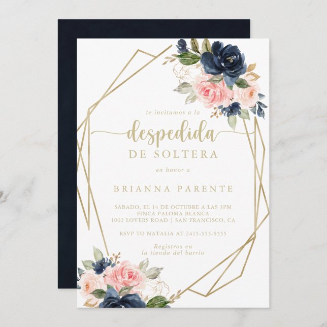 Invitación Floral Gold Geométrico Español Bridal Shower (Anverso / Reverso)