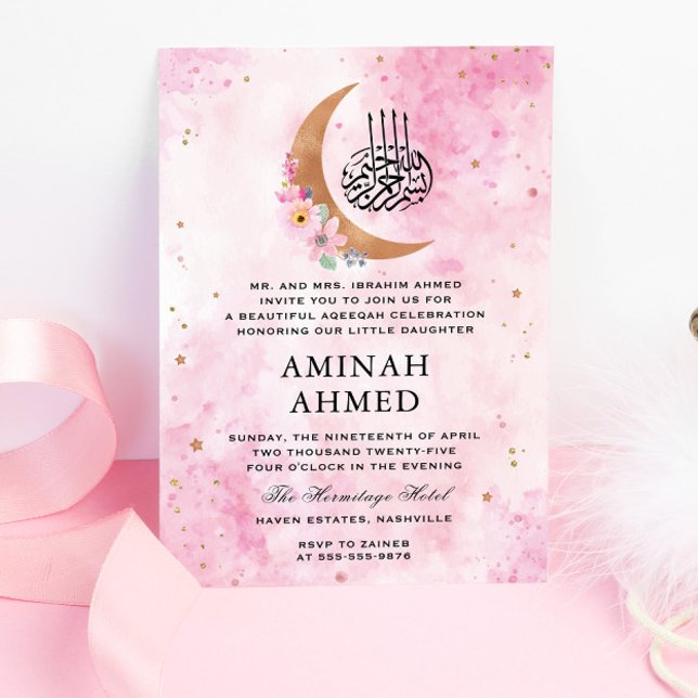 Invitación Floral Gold Moon acuarela Aqeeqa islámica rosa (Subido por el creador)