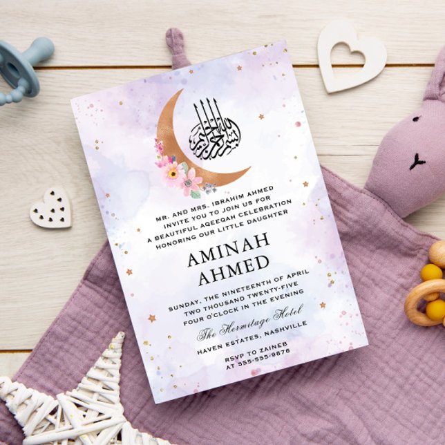 Invitación Floral Gold Moon acuarela Purple Islamic Aqeeeqa (Subido por el creador)