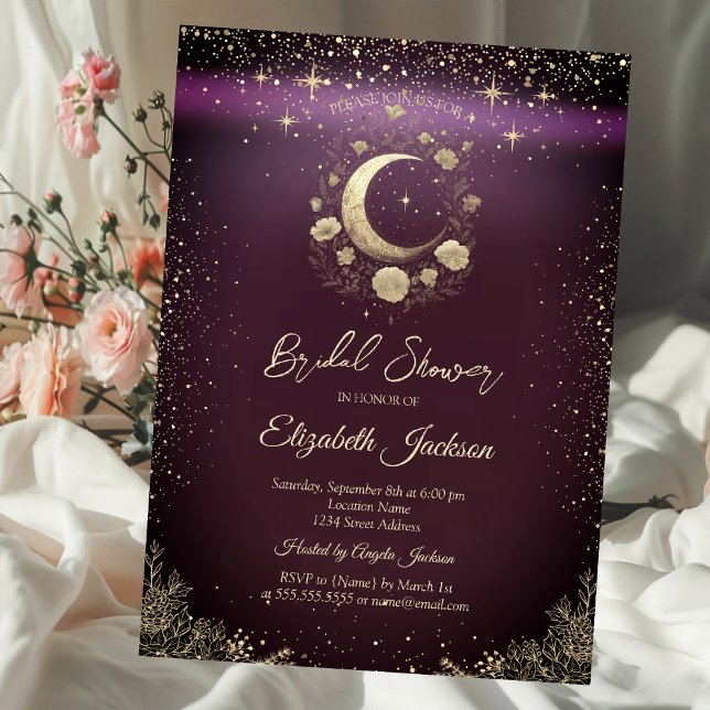 Invitación Floral Gold Moon,Stars Burgundy Bridal Shower (Subido por el creador)