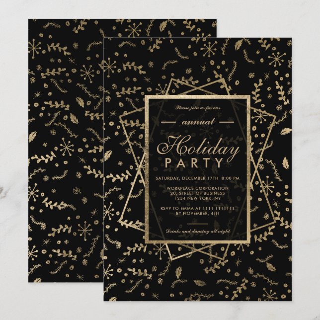 Invitación Floral Gold negro vacaciones corporativas (Anverso / Reverso)
