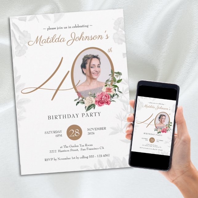 Invitación Floral Gold Photo 40th Birthday Fiesta (Floral Gold Photo 40th Birthday Party Invitation)