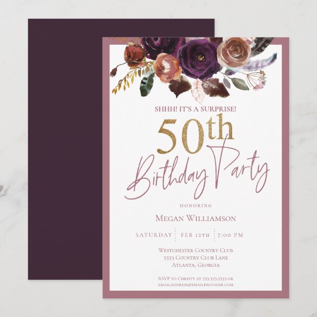 Invitación Floral Gold Pink Surprise Fiesta 50 de Cumpleaños (Anverso / Reverso)