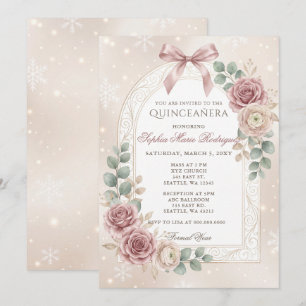 Invitación Floral Gold Polvo Rosado Arco Copos de Nieve Quinc