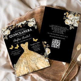 Invitación Floral Gold QR Código Princesa Quinceanera