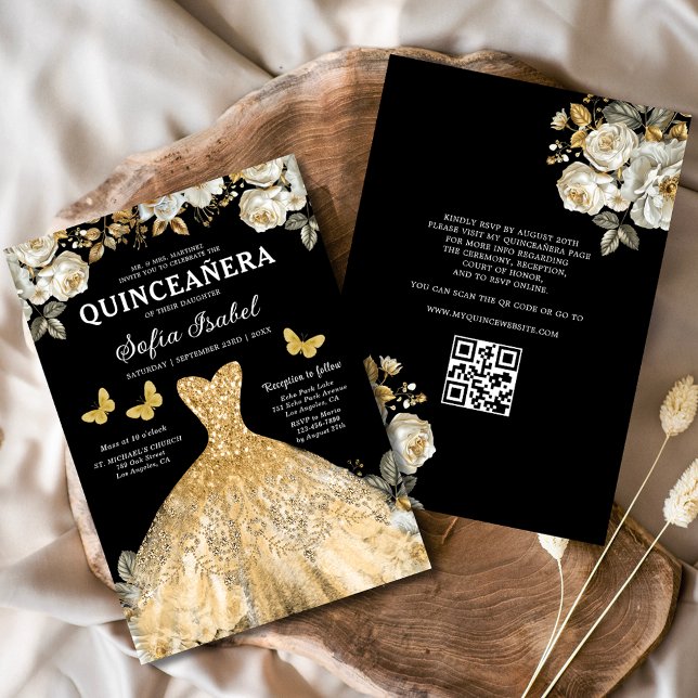 Invitación Floral Gold QR Código Princesa Quinceanera (Subido por el creador)
